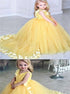 V Neck Sweep Train Yellow Tulle Flower Girl Dress with Flowers LBQF0040